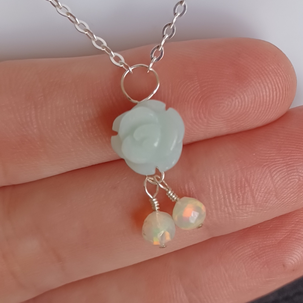 Amazonite Rose, Fire Opal & 925 SS Necklace